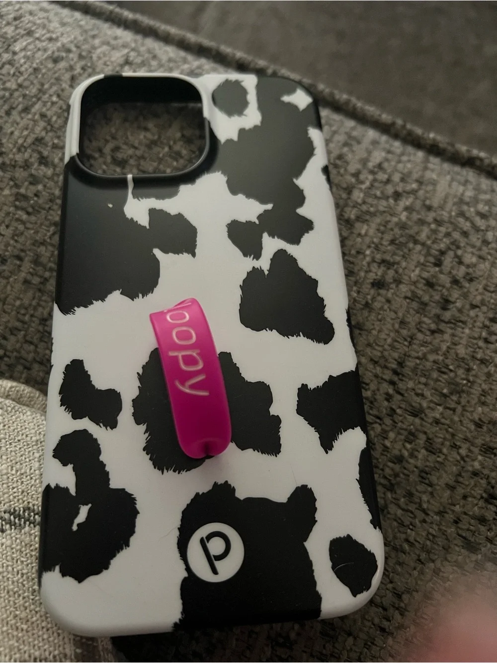 Loopy Case Black & White Cow Print Phone Case with Pink Loopy Grip